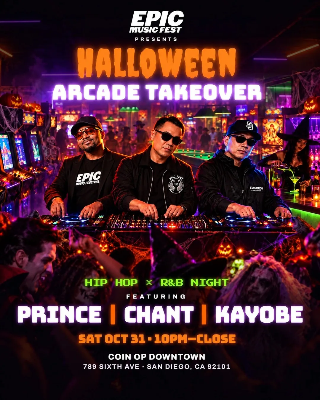 Halloween Arcade Takeover flyer: Prince, Chant and Kayobe, Saturday October 31 at Coin Op Downtown