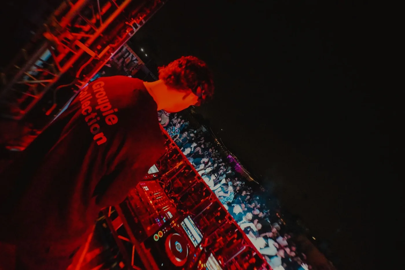 Red lit stage structure at night
