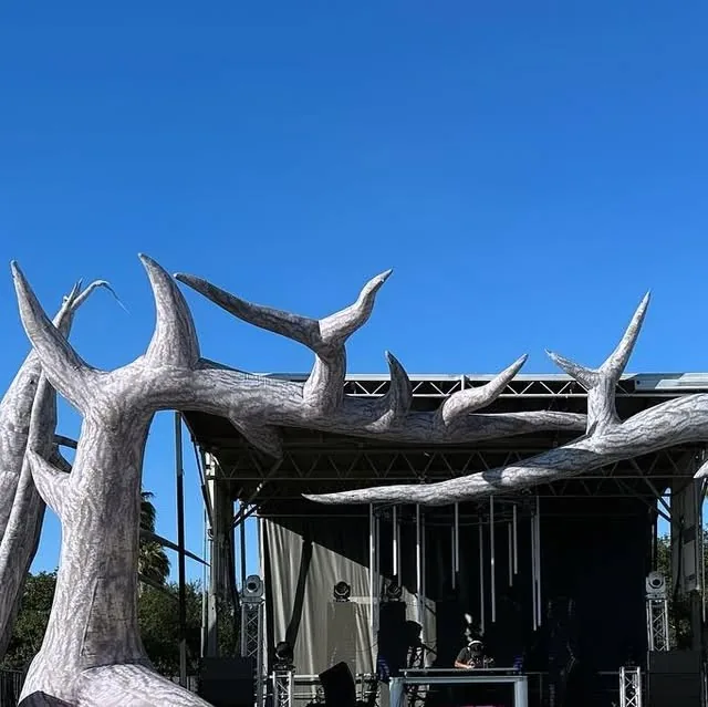 The antler stage structure at Waterfront Park under a blue sky before doors