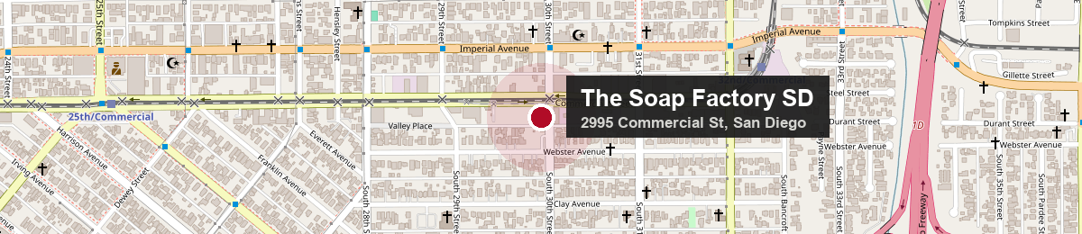 Map showing The Soap Factory SD at 2995 Commercial St, San Diego