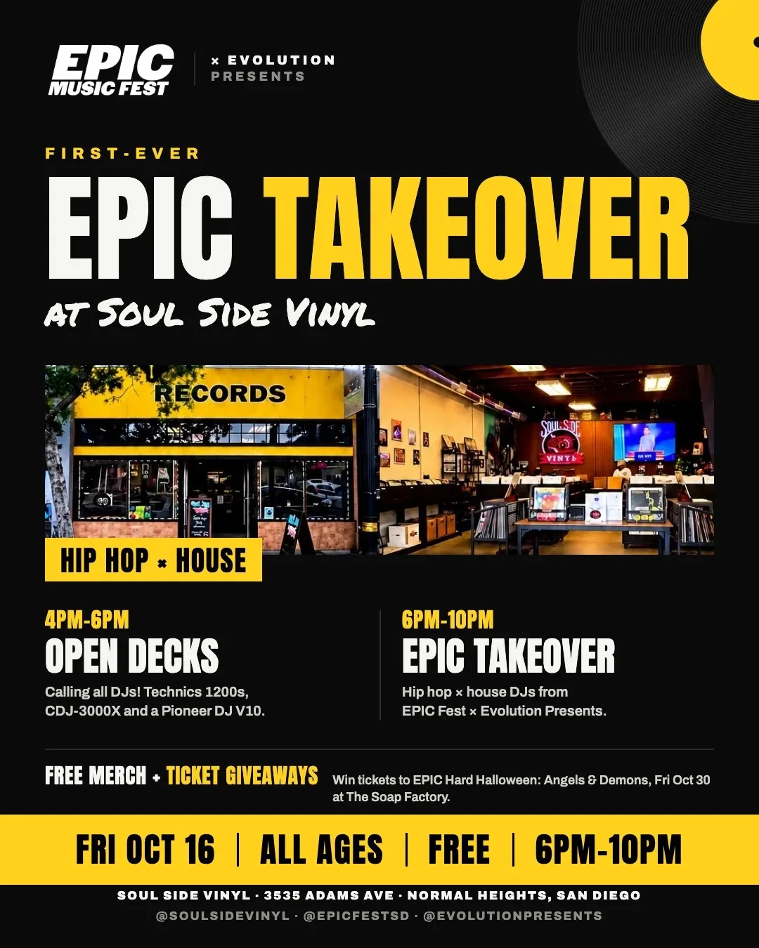 EPIC Takeover at Soul Side Vinyl flyer, Friday October 16, free and all ages